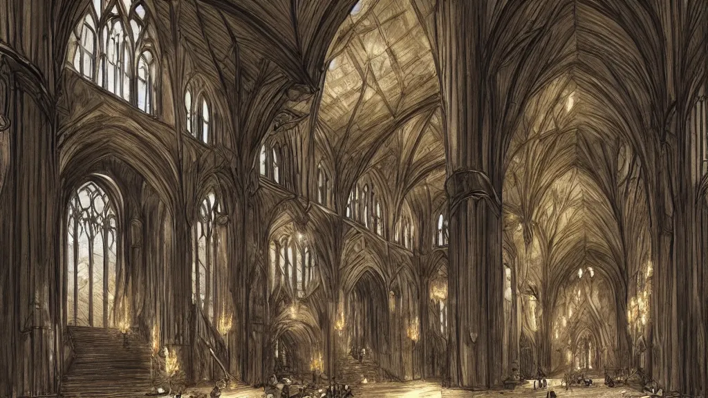 Prompt: hogwarts great hall epic illustration fantasy ancient castle mage interior,