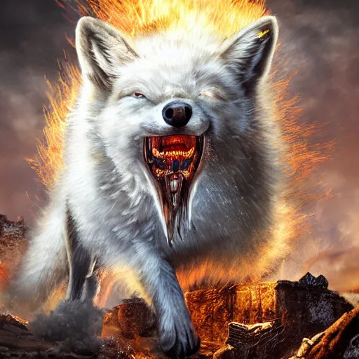 Prompt: angry demonic white polar fox with sharp teeth wearing medieval ornamented rusty armor, ice and fire, postapocalyptic world, hyperrealistic, dramatic sky, highly detailed