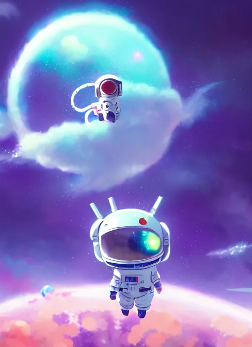 Prompt: a still of a cute kawaii astronaut android riding a large neon kaiju dragon, nebulous background of dynamic space, a dramatic composition by wlop and greg rutkowski and makoto shinkai and studio ghibli and kyoto animation cute bubbly clothing, highly detailed, digital painting, matte
