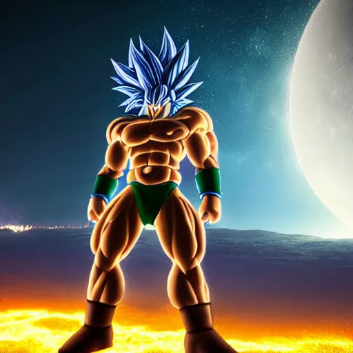 Image similar to photorealistic full shot of Broly at moonlight, lightning bolt, apocalyptic background, by Akira Toriyama, high detail, unreal engine 4k volumetric light, fog,