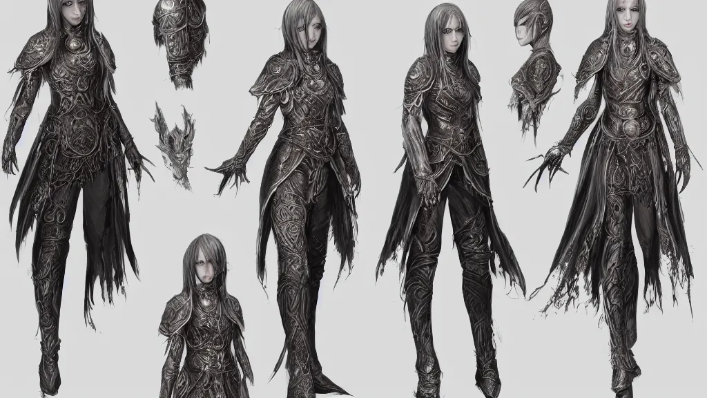 Image similar to concept art sheet, photorealistic symmetrical beautiful young female priestess with shiny hair wearing full intricate clothing, intricate, cg society, Elden Ring, darksouls, bloodborne