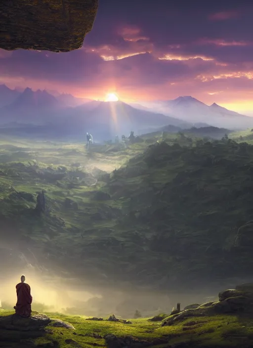 Image similar to a cosmic monk in lord of the rings scenery landscape, looking out at a vast lush valley at sunrise, huge temple in the distance, god's rays, highly detailed, vivid color, cinematic lighting, perfect composition, 8 k, gustave dore, derek zabrocki, greg rutkowski, belsinski, octane render