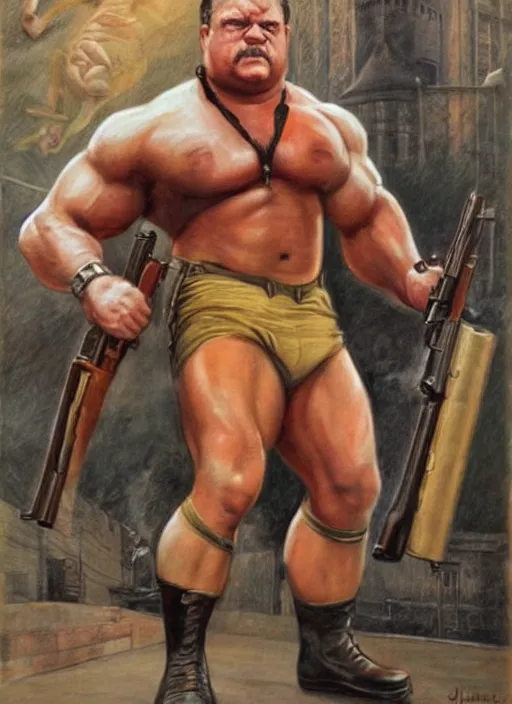 Image similar to gk chesterton as a buff action hero with muscles and a shotgun. portrait by james gurney. realistic face. awesome.