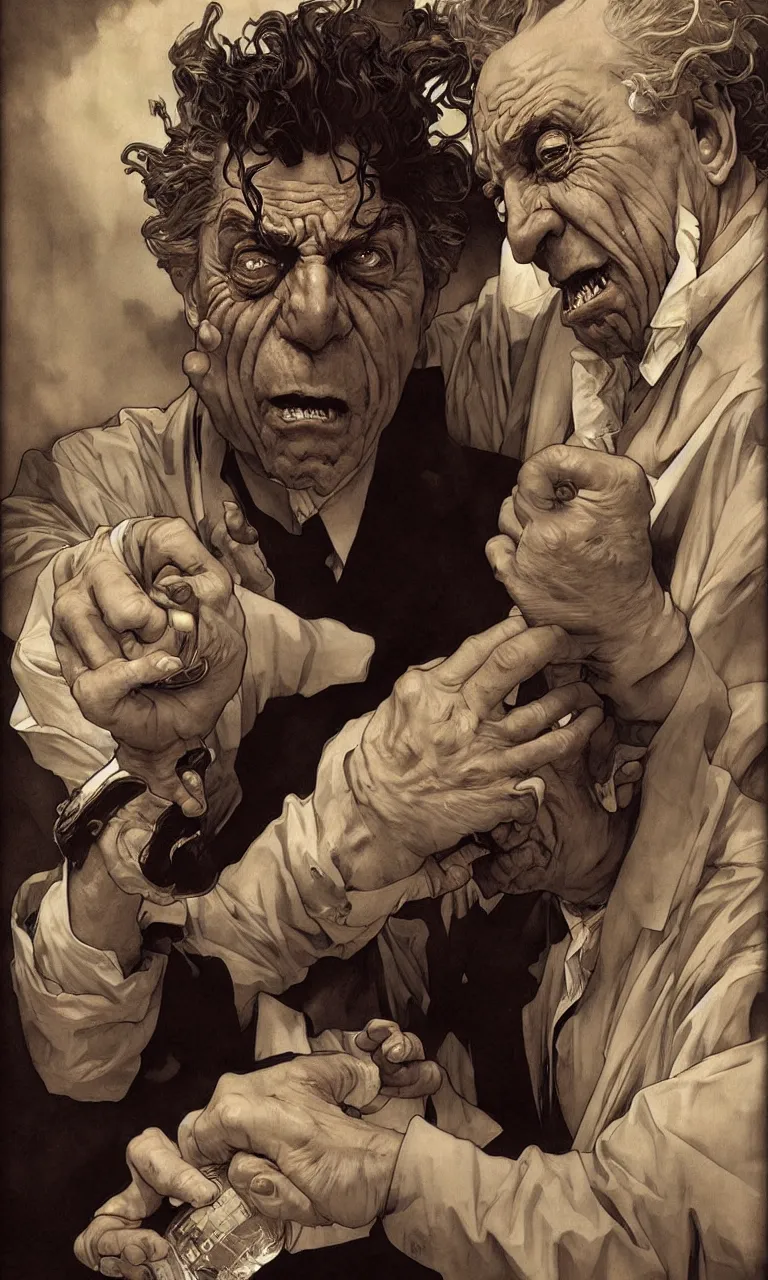 Image similar to hyper realistic grotesque portrait of an old drunk rick sanchez by lee bermejo, alphonse mucha and greg rutkowski