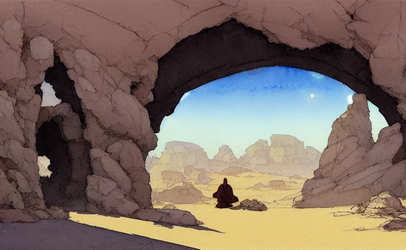 Prompt: a hyperrealist watercolour concept art of a desert night. through a large rock arch is a time portal to a clear blue sky. a medieval monk in grey robes is kneeling in prayer below it on a desert road at night. by rebecca guay, michael kaluta, charles vess and jean moebius giraud. high detail, hq, wide shot