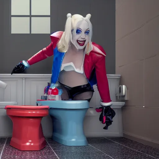 Prompt: harley quinn as an old toilet cleaner 4k