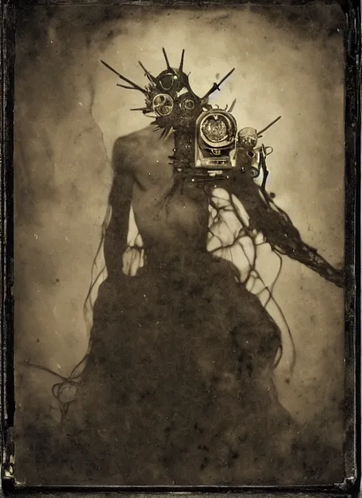 Prompt: old wetplate daguerreotype half man, half demon, explosion of data fragments, fractal, intricate, elegant, highly detailed, parallax, leica, medium format, subsurface scattering, by jheronimus bosch and greg rutkowski and louis jacques mande daguerre