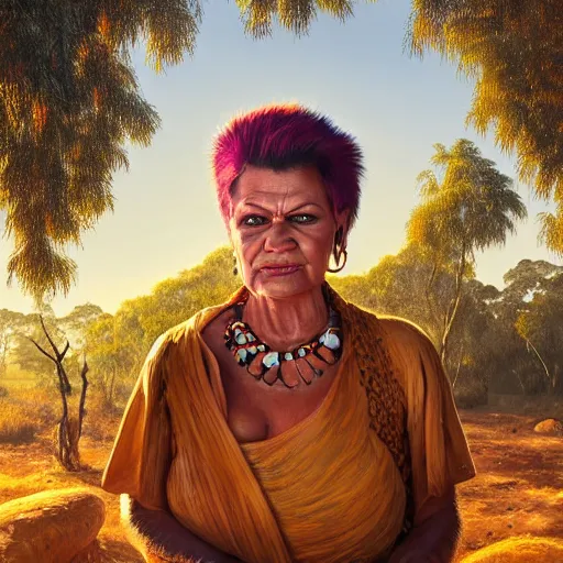 Prompt: portrait of Pauline Hanson as an Australian Aboriginal, by greg rutkowski, very coherent, hyper realism, high detail, vivid colors, octane render, unreal engine, 8k, Smooth gradients, High contrast, depth of field by Jacek Yerka