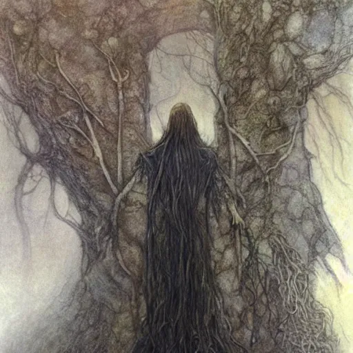 Image similar to painting in the style of artstation of a druid standing alone at the beginning of time by alan lee and brian froud