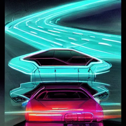 Image similar to a beautiful artwork of a car on a highway at night, neon vibes, by Jerome Opeña, featured on artstation