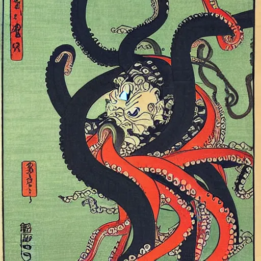 Image similar to an octopus driving a car, ukiyo-e by Utagawa Kuniyoshi