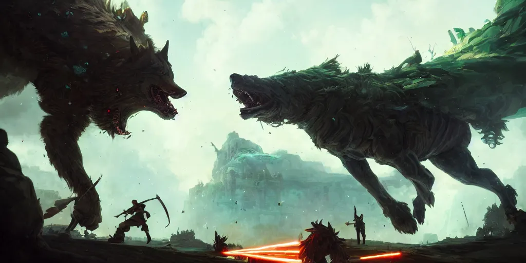 Prompt: An epic battle inside a walled city. Giant wolf is attacked by green lasers, magic barrage, raining, epic. In style of Greg Rutkowski, Jesper Ejsing, Makoto Shinkai, trending on ArtStation, fantasy, great composition, concept art, highly detailed, scenery, 8K, Behance.