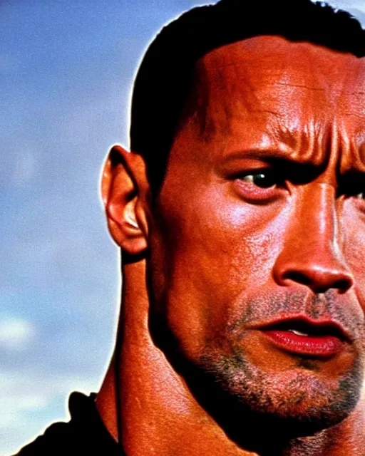 Image similar to Film still close-up shot of Dwayne Johnson as Arnold from the movie Terminator 2. Photographic, photography