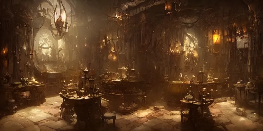 Image similar to dark dreamy shop interior by bastien lecouffe - deharme and charles bowater, greg rutkowski, adventure game, inspired by diablo concept art