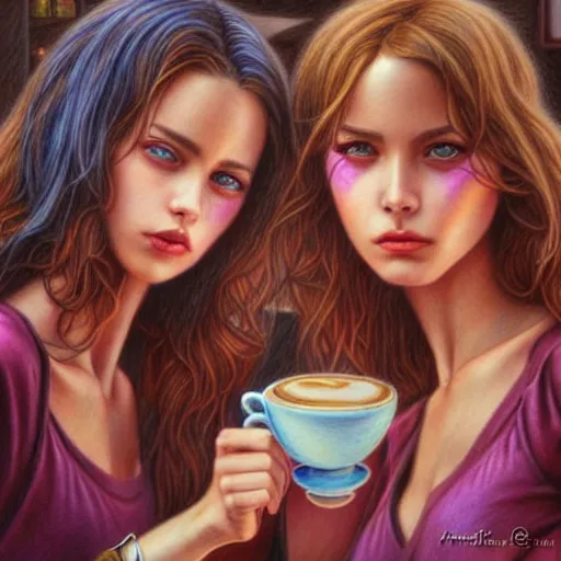 Prompt: French sisters in a café posing for the camera. insanely and epically detailed supreme-quality color pencil artwork, amazingly composed image, epic pencil illustration by Artgerm and Stanley Law.