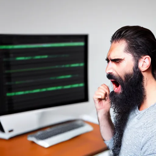 Prompt: Programmer screaming at the computer, male, ponytail and beard, realistic photo