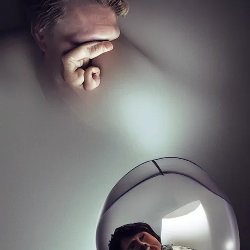 Prompt: a portrait of a beautiful man sleeping inside a futuristic glass capsule, photographed by erwin olaf for a fashion magazine
