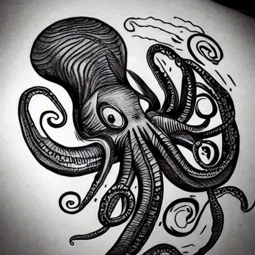 Nice Grey Ink Octopus With Flower Tattoo On Thigh