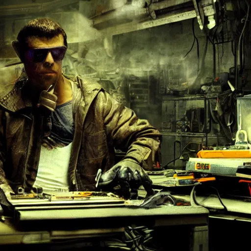 Image similar to augmented human repairing commodore 6 4, dark messy smoke - filled cluttered workshop, dark, dramatic lighting, orange tint, cinematic, highly detailed, sci - fi, futuristic, movie still from blade runner