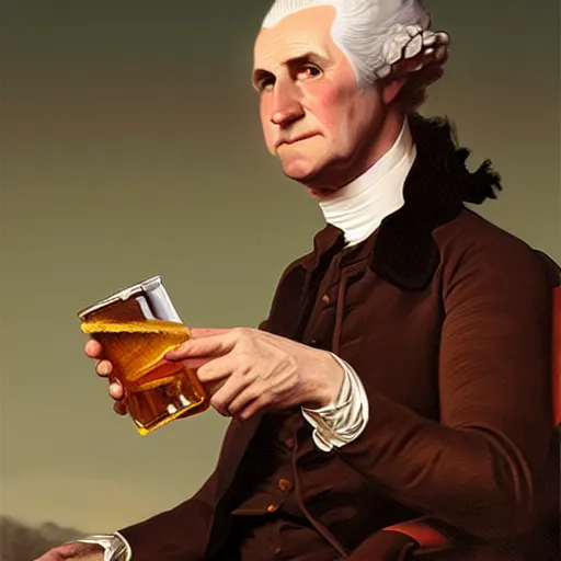 Image similar to portrait painting of george washington drinking a beer, ultra realistic, concept art, intricate details, serious, highly detailed, photorealistic, octane render, 8 k, unreal engine. art by artgerm and greg rutkowski and alphonse mucha