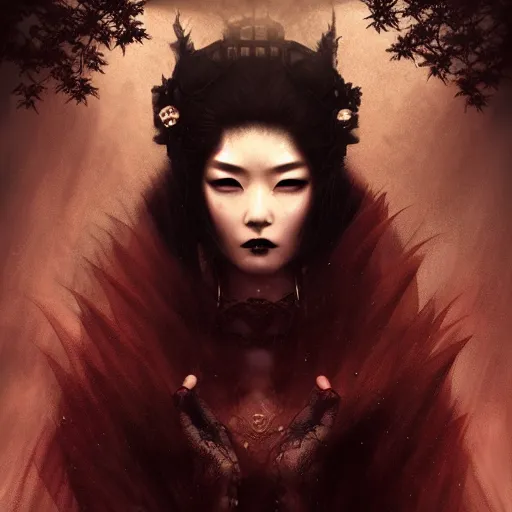 Image similar to Portrait of a riveting Japanese vampire woman!, atmospheric lighting, gothic makeup, intricate, Transylvanian castle, volumetric lighting, beautiful, starlit sky, sharp focus, ultra-detailed, by Tom Bagshaw Leesha Hannigan, Ross Tran, Thierry Doizon, Kai Carpenter, Ignacio Fernández Ríos