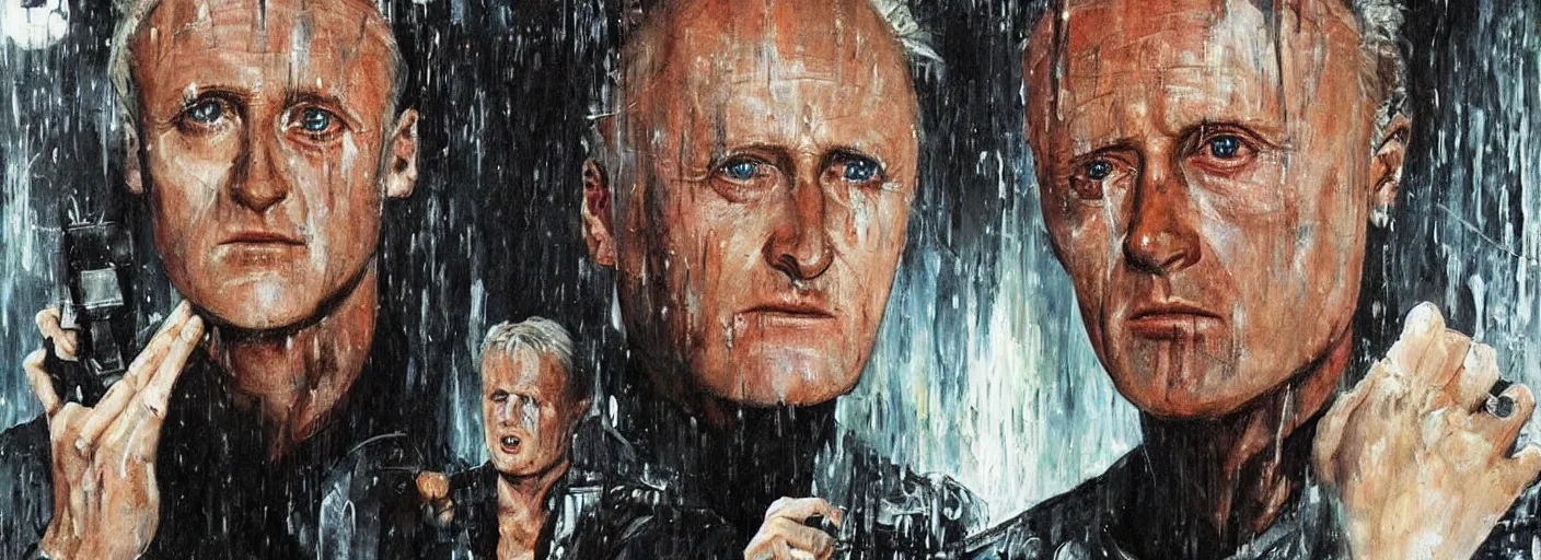 Image similar to a painting that asks the viewer to question the very purpose of life when all memories will be lost in time like tears in the rain, the replicant roy batty is capable of showing more empathy than his human creators, in the style of blade runner, ridley scott