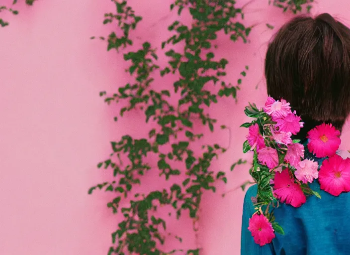 Image similar to color film photography, long shot of the back of a woman\'s head with interwoven flowers in center against a pink wall, daylight, 35mm