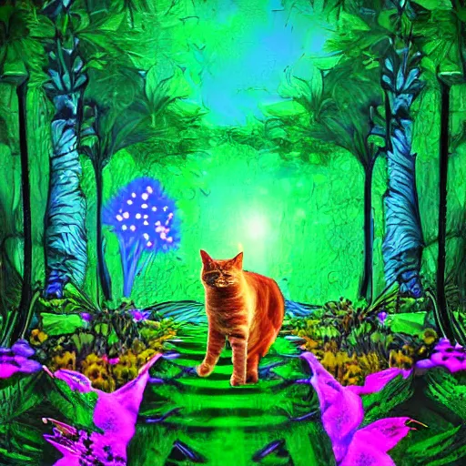 Prompt: Cat holding flower forest walkway, Blacklight art style, digital art