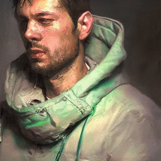 Image similar to portrait of a chad programmer with green hood by jeremy mann, dramatic lighting, close up
