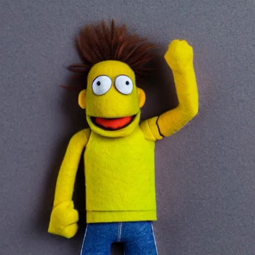 Prompt: morty smith as a muppet with peach skin, shirt brown hair and yellow tshirt. highly detailed felt. hyper real photo. 4 k.