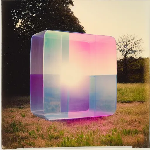 Prompt: a pastel coloured Polaroid photo of a large cube made of transparent iridescent perspex stood in a field, beams of light, nostalgic