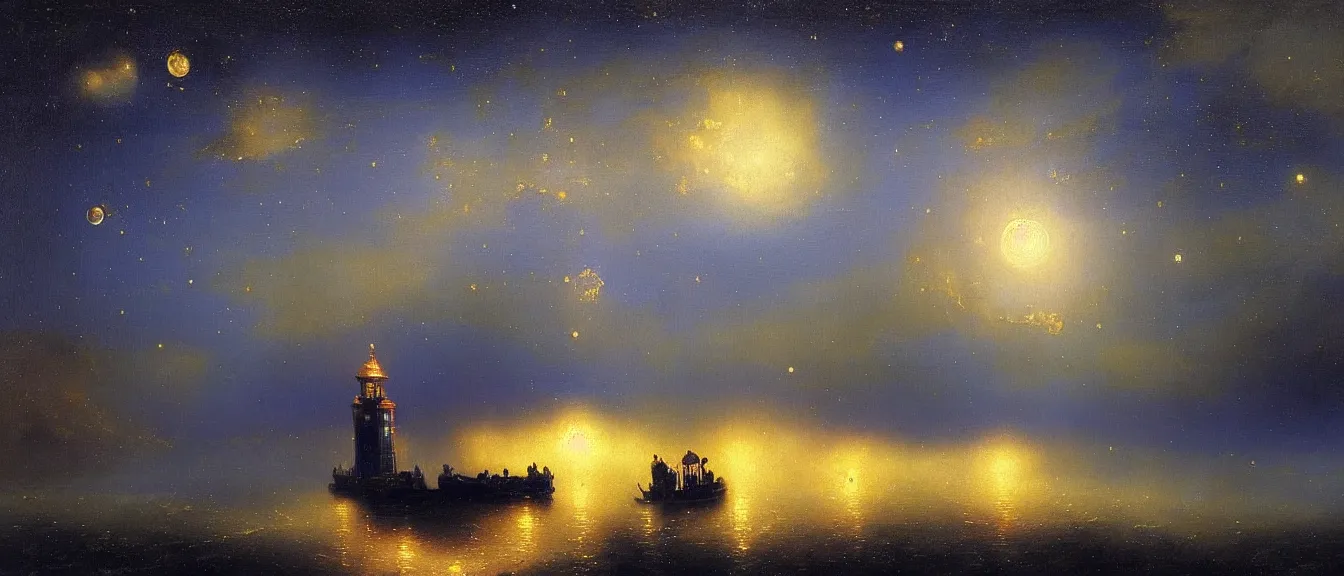 Prompt: A beautiful painting of TARDIS from Doctor Who flying in night in milky way with one moon and star light by Ivan Konstantinovich Aivazovsky, blue color scheme