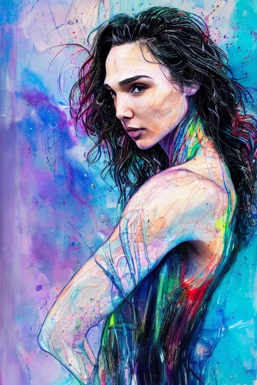 Image similar to gal gadot by agnes cecile enki bilal moebius, intricated details, 3 / 4 back view, full body portrait, extremely luminous bright design, pastel colours, drips, autumn lights