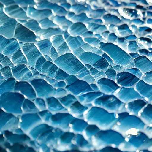 Prompt: ocean wave made of blue - toned shards of glass, three - dimensional, landscape photography, glass