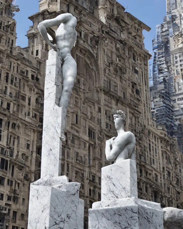 Image similar to an achingly beautiful roman marble sculpture standing alone amid a bustling futuristic metropolis.