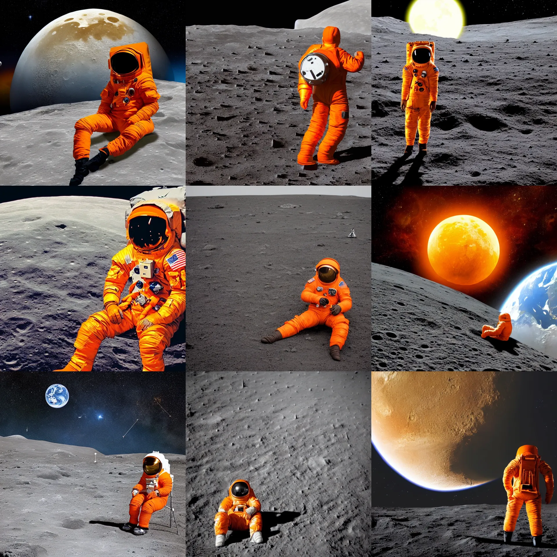 Prompt: a man wearing an orange astronaut suit sitting on the moon's surface, looking at the stars while the planet Earth it's been destroyed by an asteroid
