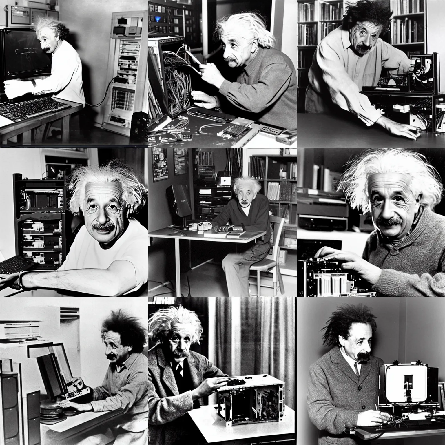 Image similar to albert einstein building a PC