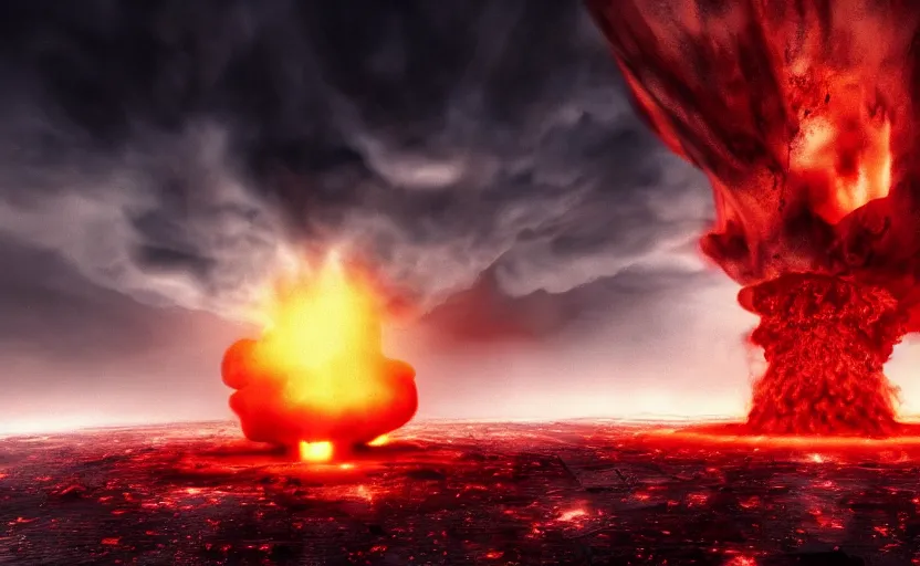 Image similar to thermonuclear explosion of blood with a huge crimson mushroom cloud, cinematic shot, dramatic volumetric lighting, epic composition, 4K Ultra HD