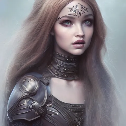 Prompt: tom bagshaw, very beautiful genetic mix of dove cameron madison beer bella poarch in a gorgeous ranger archer nightshade armor and short blond dyed hair, gothic makeup, professionally retouched, focus eyes, ultra realistic soft painting, insanely detailed linework, partial symmetrical accurate intricate features, behance artstation, 8 k