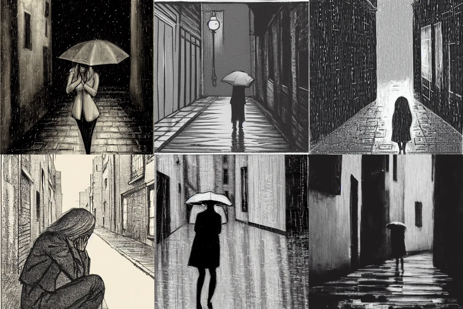 Prompt: a woman crying in a rainy alleyway at night, monochrome