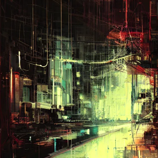 Prompt: portrait of a cyberpunk, wires, machines, in a dark future city by jeremy mann, francis bacon and agnes cecile, ink drips, paint smears, digital glitches glitchart