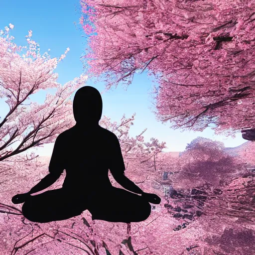 Image similar to a ninja meditating on top of a mountain filled with cherry blossoms, hyper realistic, 4 k, unreal engine 6 rendered,
