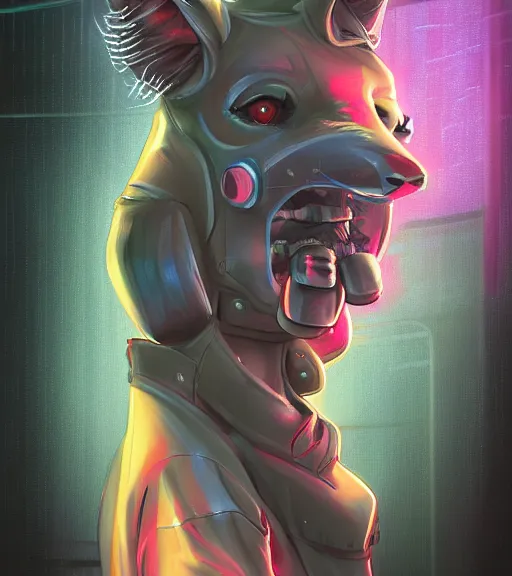 Prompt: digital painting of anthromorphic hyena female smoking cigarrete in cyberpunk style, fursona, furry fandom, furaffinity, neon rainy cyberpunk setting, anthro, wearing cyberpunk leather jacket, detailed face,