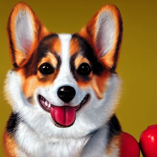 Prompt: portrait by giuseppe arcimboldo of a corgi dog made with fruits, cinematic lighting, hyper detailed, airbrush, 4 k