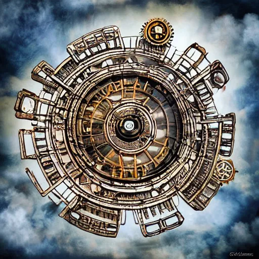 Image similar to giant ring of metal petals, steampunk, fantasy art, sky in the background, detailed, behrens style