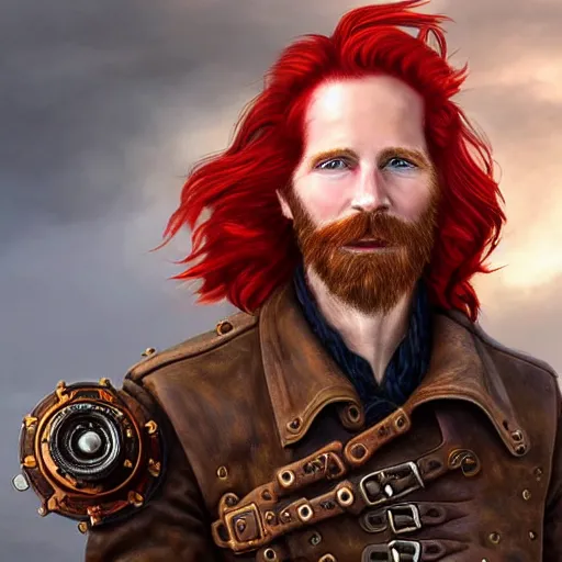 Image similar to portrait of a ruggedly handsome!!!!! male captain with long red hair!!!!!!, upper body, wavey hair, leather coat, friendly, Steampunk airship!!!!!!!, D&D, hairworks, Unreal 4, fantasy, simple clothing!!!!, elegant, highly detailed, digital painting, hairworks, deviantart, artstation, concept art, sharp focus, dramatic lighting, illustration, art by Artgerm and Greg Rutkowski and Alphonse Mucha