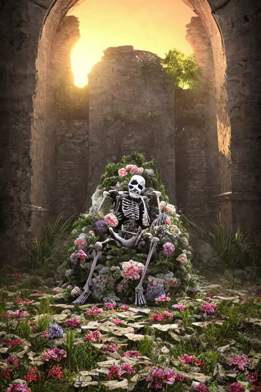Prompt: a human skeleton full of flowers sitting in a destroyed and ruined throne in a ruined castle at sunrise, concept art, octane render, unreal engine 5, trending on Artstation, high quality, 8K, soft lighting, trending on DeviantArt, highly detailed, digital art, hyperrealistic, path traced, godrays, complementary colors, natural lighting