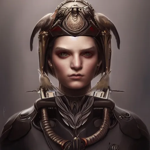 Image similar to tom bagshaw, very beautiful genetic mix of australian hawk and raven winged helm, professionally retouched, focus eyes, ultra realistic soft painting, insanely detailed linework, symmetrical accurate intricate features, behance artstation, 8 k