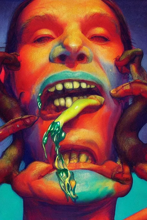 Prompt: a colorful vibrant closeup portrait of a opera singer licking a tab of lsd acid on his tongue and dreaming psychedelic hallucinations, by moebius, edward hopper and james gilleard, zdzislaw beksinski, steven outram colorful flat surreal design, hd, 8 k, artstation