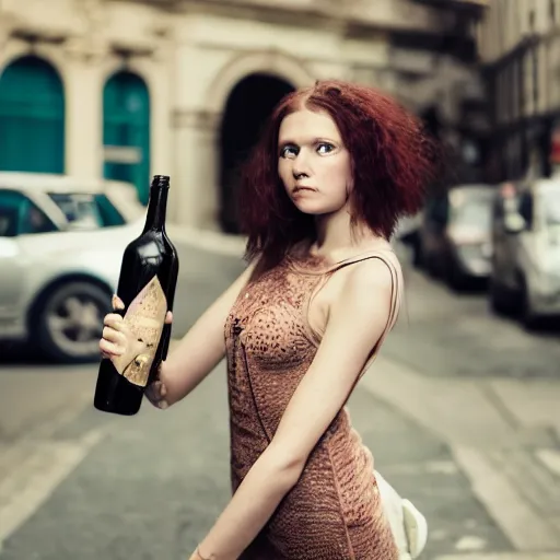 Prompt: photograph of woman holding a bottle in street, fashion shoot, award winning, kodak, 4 k, realistic intricate detail, hyper detail, woman very tired, full body potrait holding bottle, hazel green eyes, realistic, highlydetailed, natural, masterpiece, sharp focus, jennysaville